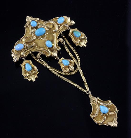 A Victorian textured gold and turquoise swag drop pendant brooch, 82mm.